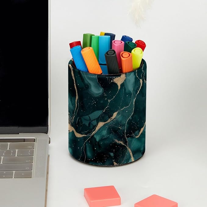 Faux Leather Pen Holder for Desk, Pencil Organizer Green Marble Pen Cup Desk Decor Makeup Brush Holder Storage for Office Home