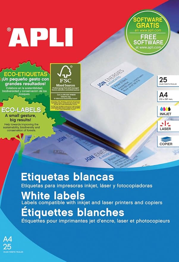 Apli Labels APLI White Name Tags 210 x 297 mm 25 Sheets A4