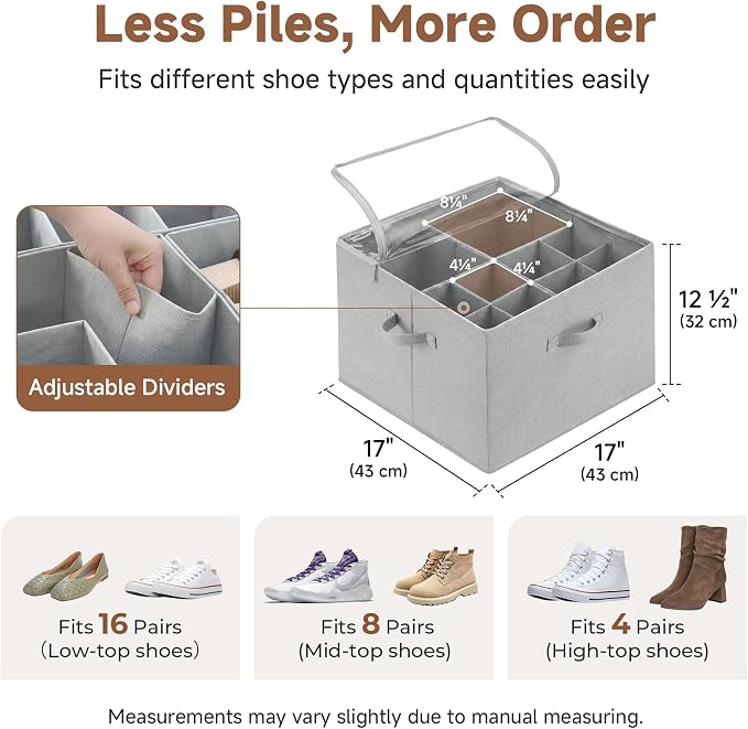 StorageWorks Shoe Organizer for Closet, Fits up to 16 Pairs, Shoe Cubby Storage Containers with Adjustable Dividers and Clear Cover, Grey