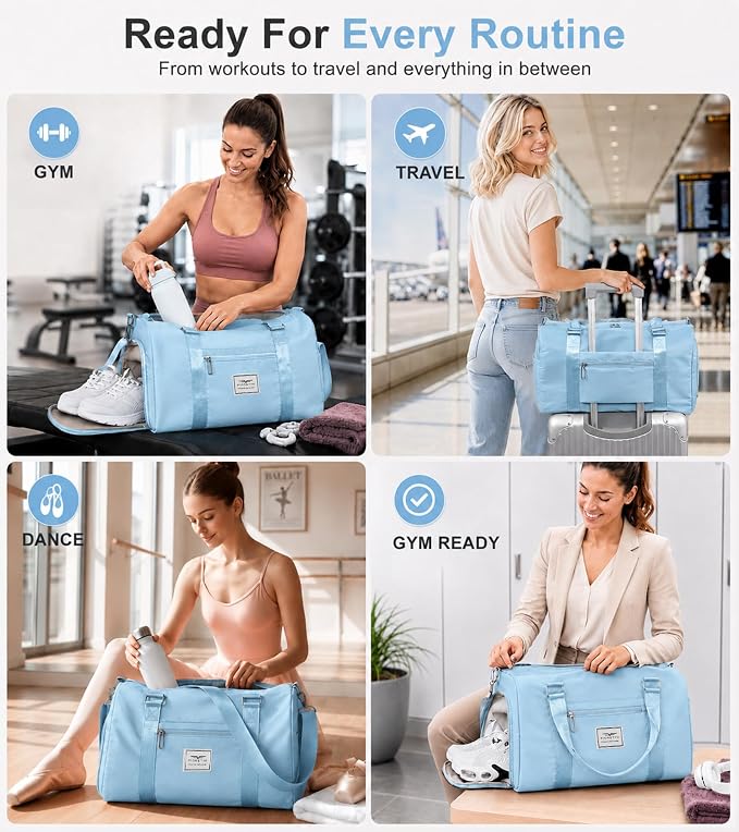 FIORETTO Womens Gym Tote Duffle Bag with Wet Pocket & Shoe Compartment, Sports Duffel Overnight Weekender Hospital Workout Carry on Bag for Girls, Ideal for Travel, Swimming, Dance, Ballet Light Blue