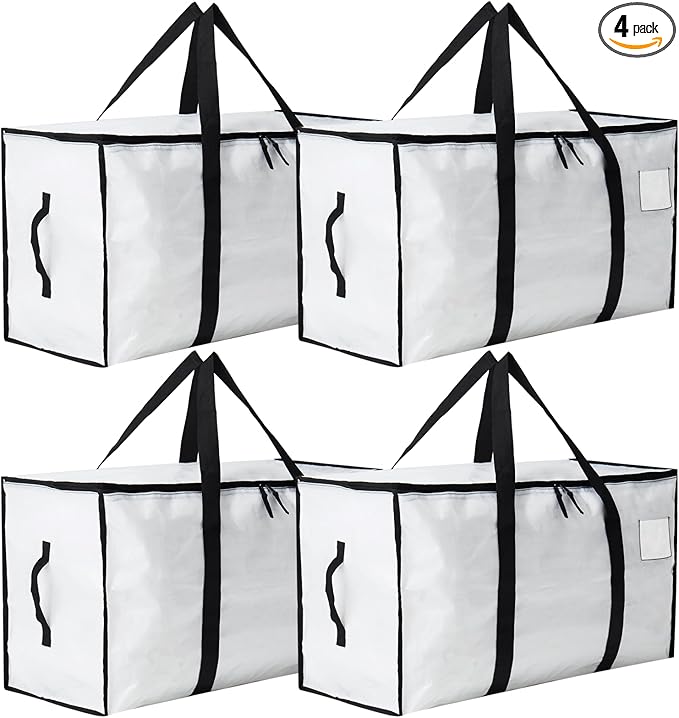Moving Bags Heavy Duty Extra Large, Moving Boxes, Moving Supplies Essentials, Blue Storage Bins with Lids, Plastic Packing Totes, Storage Bags for Clothes with Handles & Zippers(White, 4 Pack)