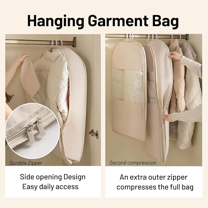 Space Saving Hanging Compression Garment Bag with Zipper for Closet Storage, Hanging Clothes Storage Bag, Garment Covers for Coats and Down Jackets, Gray, L
