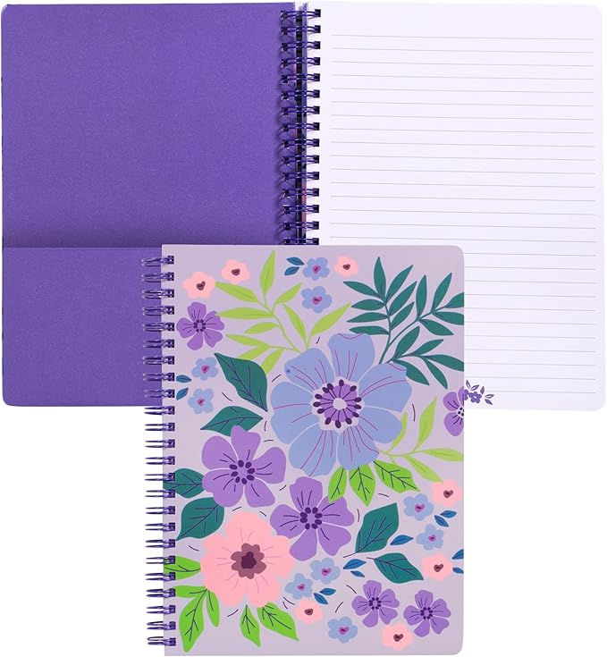 Steel Mill & Co Cute Mini Spiral Notebook, 8.25" x 6.25" Journal with Durable Hardcover and 160 Lined Pages, Lilac Floral