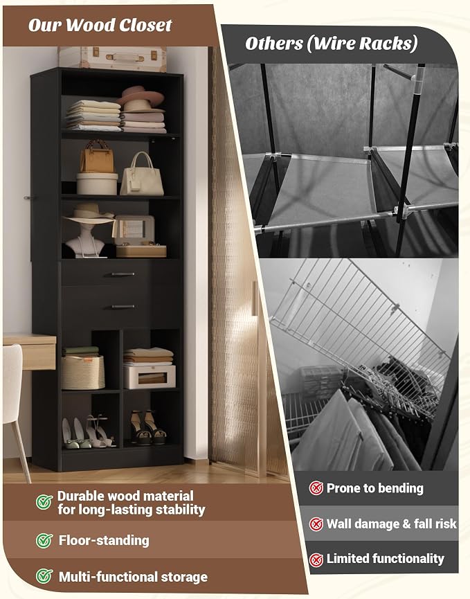 Besiost 22" Closet System with Drawers, 1.85 FT Small Closet Organizer for Walk in Closet, Bedroom & Nursery, Wardrobe Storage Unit with Storage and Shelves, Enclosed Storage Volume 2.58 ft³, Black