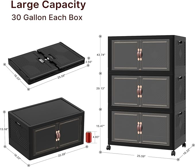 Stackable Storage Bins with Lids, Collapsible Storage Boxes, Foldable Plastic Storage Drawers for Bedroom,Office, Dorm (6, Black, L)