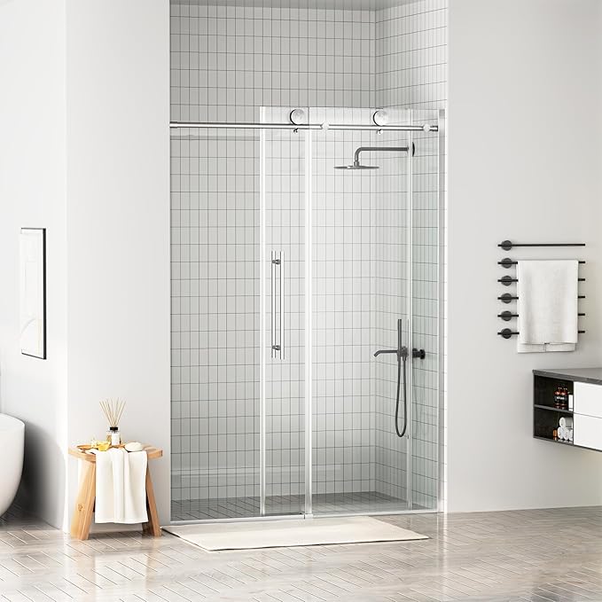 WinZo Frameless Shower Door 50-54 in W x 75 in H, Sliding Shower Door with 5/16"(8mm) Clear Tempered Glass Shower Door, Easy to Clean Bathroom, Silent Soft-Close Design, Brushed Nickel