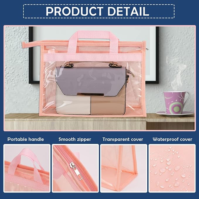 Handbag Dust Bags Clear Purse Storage Organizer for Closet Small to Extra Large Handbags Dust Free Bags Hanging Zipper Storage Bag with Hooks, (Pink, 4 Sizes-8PCS)