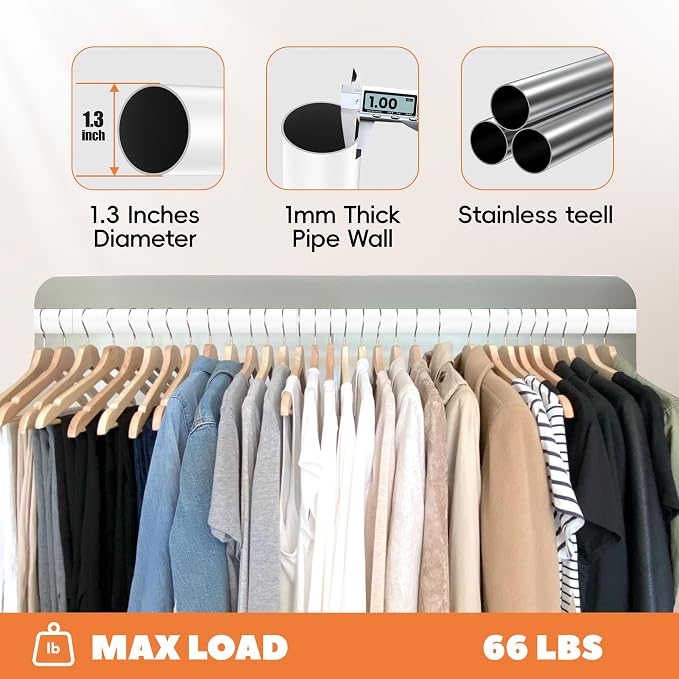 Metal Closet Rod 1.3" Heavy Duty Adjustable Hanging Rod 17-63 Inch | White, Stainless Steel, 1.3 Inch Diameter, Wall Brackets Included, For Hanging Clothes, Walk-In Closets, Laundry Rooms