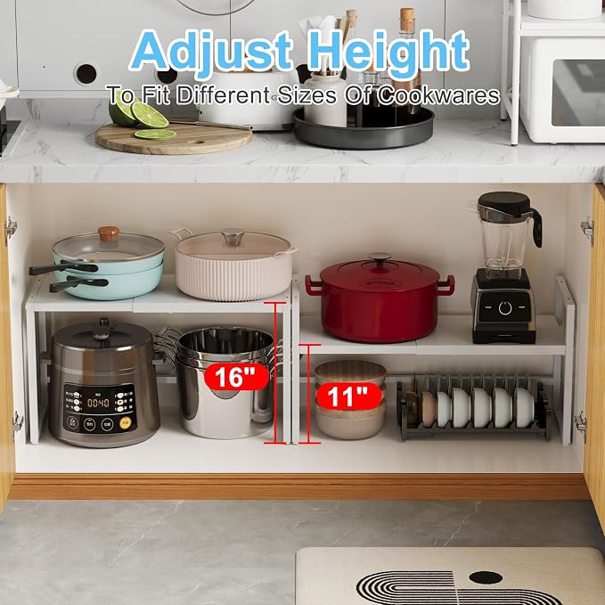 2 Pack Expandable Kitchen Storage Shelves,110LBS Heavy Duty Metal Shelving Unit and Storage for Pot Pans,Adjustable Stackble Small Storage Shelf Organizer for Kitchen Under Cabinet Pantry Garage,White