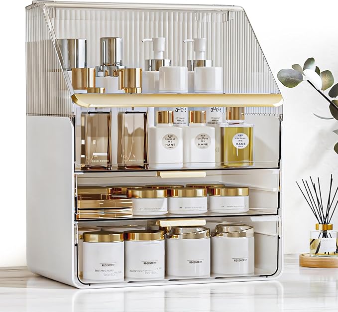 Makeup Organizer Countertop with Drawers & Lid, Skincare Organizer for Vanity, Large Cosmetic Organizer & Display Cases and Storage for Bathroom & Desktop. Perfect for Girl Women Mom Gifts