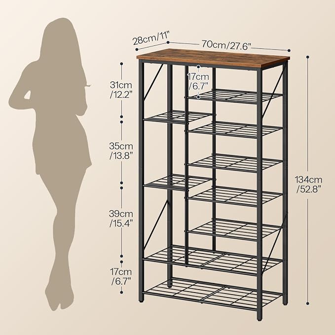 HOOBRO 8 Tier Shoe Rack for Entryway, Large Capacity Tall Shoe Storage | 27.6" L Shoe Shelf, Storage Organizer with Metal Plates, Sturdy and Stable, for Bedroom, Hallway, Closet Rustic Brown