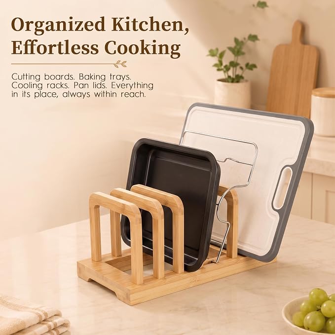 5-Slot Adjustable Cutting Board Rack,Bamboo Cutting Board Organizer Stand Holder,Chopping Board Holder,Pot Pan Lid Rack kitchen Shelf Bakeware for Kitchen Storage