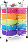 LUARANE Rolling Cart with 15 Drawers, Craft Storage Cart with Portable Handles & Lockable Wheels, Mobile Toys Organizer, Large Capacity Utility Drawer Cart Home Office School Teacher (Rainbow)