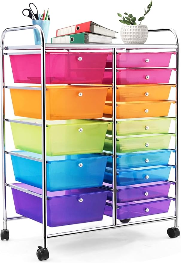 LUARANE Rolling Cart with 15 Drawers, Craft Storage Cart with Portable Handles & Lockable Wheels, Mobile Toys Organizer, Large Capacity Utility Drawer Cart Home Office School Teacher (Rainbow)