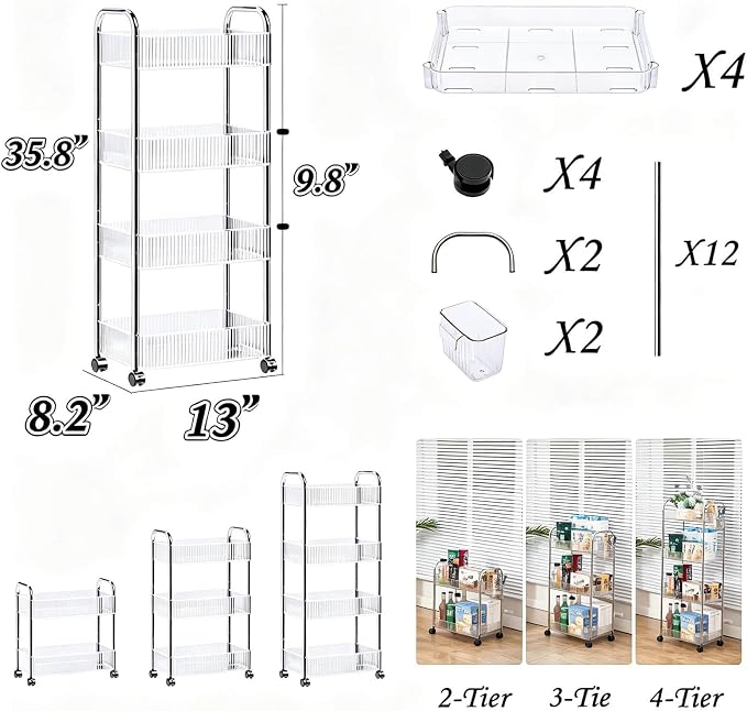 4-Tier Clear Utility Rolling Cart with Wheels for Kitchen & Bathroom | Lightweight-usage, Easy assembly, Multifunctional storage organizer, Clear, 7.9”W * 13”L * 35.8”H