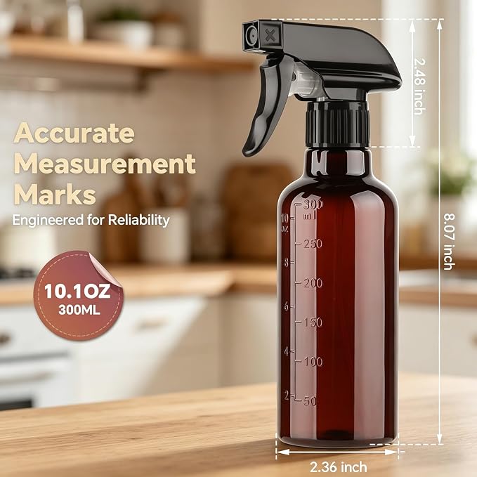 Plastic Spray Bottles (2 Pack 10 oz), Leakproof Adjustable Fine Mist & Jet Stream Nozzle, Premium BPA-Free Plastic Multi-Purpose for Hair, Plants, Cleaning (2 PACK AMBER)