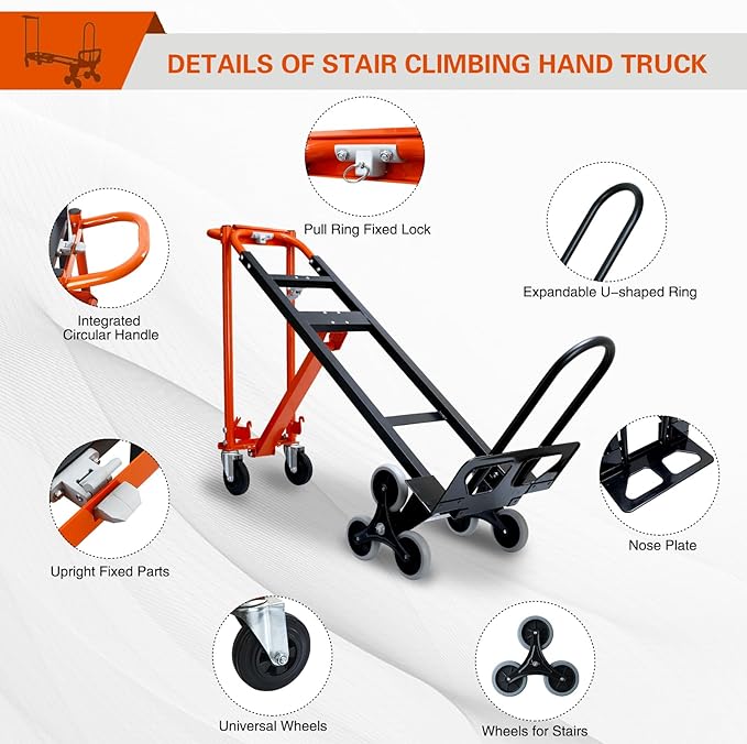 3 in 1 Industrial Convertible Hand Truck,1000 LBS Capacity Stair Dolly,Heavy Duty Hand Truck Dolly Cart with Stair Climbing Wheels and Dual Handles for Transport,Moving (Orange)
