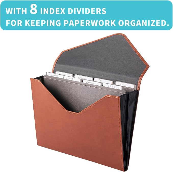 PU Leather Heavy-Duty Expanding File Folder, A5/US Letter Size Document Organizer with 8 Paper File Folder, 4-1/2 Inch Expansion, Grey – for Office, Auto Shop, School Paperwork.(Brown)