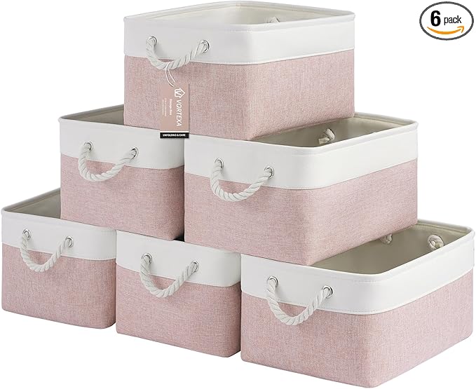 15.7x11.8x8.26 Inch Fabric Large Storage Bins with Handles 6 Pack | Foldable, Sturdy Metal Strand, Cardboard Support Molding, Fabric Storage Baskets for Shelves, Closet, Bedroom, White/Pink