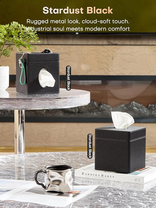 Tissue Box Holder Cover, Modern PU Leather Square Decorative Tissue Holder Organizer-Woven New Off White