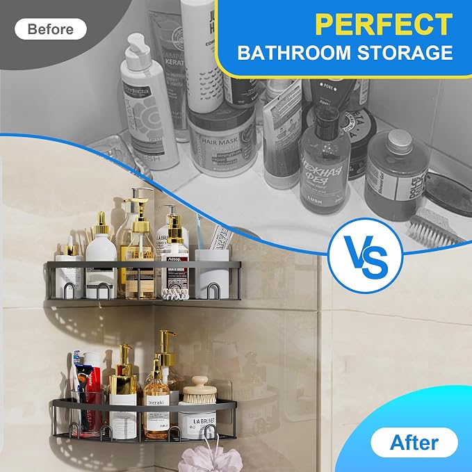 Corner Shower Caddy,Black-Stainless Steel,2 Pack | NEVER RUST Bathroom Shower Corner Shelves with Adhesive,Rustproof Shower Organizer,No Drilling
