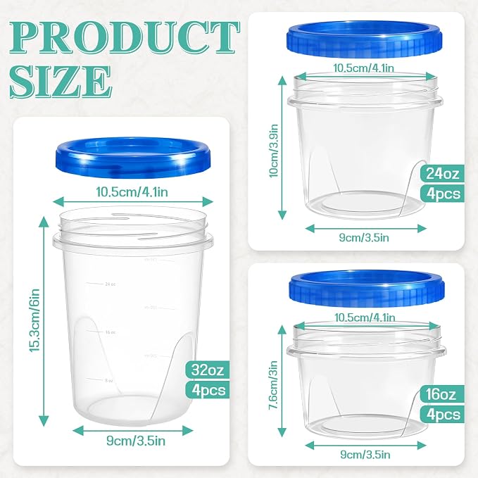 12 Pack Freezer Containers with Screw On Lids, 32/24/16 Oz Stackable Reusable Plastic Storage Container, Airtight Plastic Food Storage Containers with Twist Top Lids for Food Soup Jello Sauce