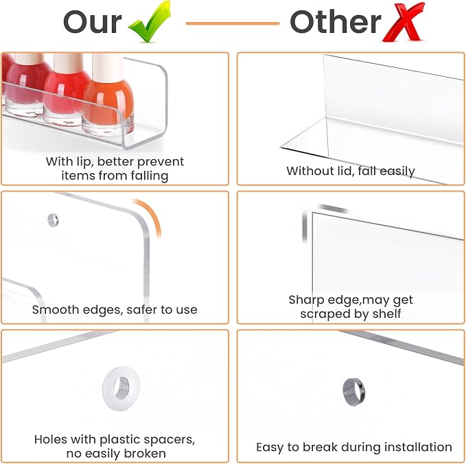upsimples 6 Pcs 12" Clear Acrylic Shelves, Small Shelf for Wall Display | Narrow Floating Shelves for Nail Polish, Vinyl Wall Mount, Record Holder, Magazine Rack, Comic Display, Picture Ledge Shelf