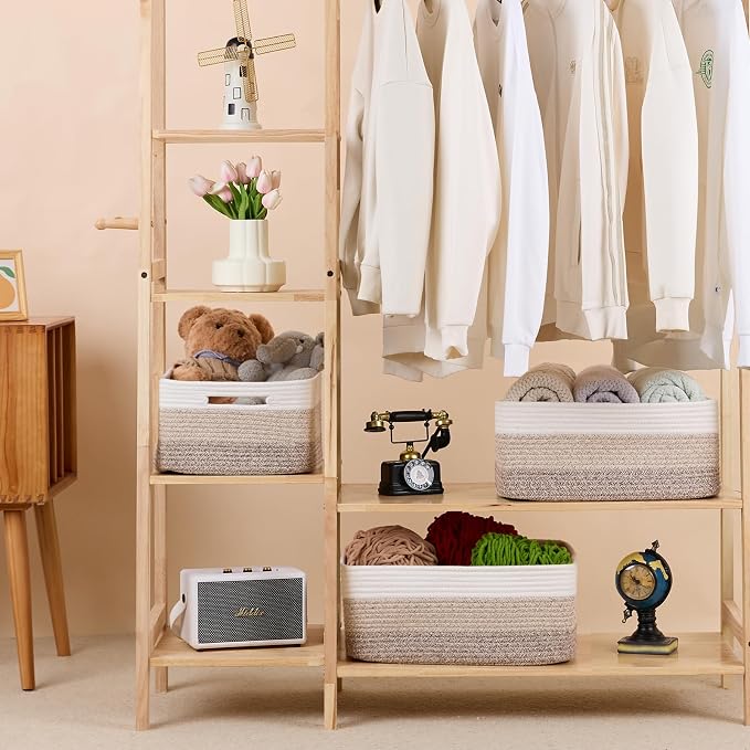 MiniArk Large Storage Baskets for Organizing, 17 x 13 x 7.5” Closet Shelf Baskets for Clothes Blanket Towels, Baby Nursery, Toy Bins Box, Woven Rope Baskets, 4 Packs Gradient Brown