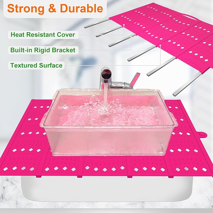 Mofason Bathroom Sink Top Cover Space Saver,Silicone Makeup Organizer Mat for Over Countertop,Small Bathroom Must Haves Accessories Rv Camper Travel Foldable Gadgets-Pink