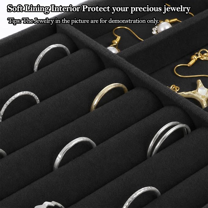 Jewelry Box Insert Organizer for Drawer, Stackable Trays Velvet Jewelry Drawer Inserts, Ring Earring Stud Necklace Holder Display Storage Case(Black, 8.3 x 4.9in)