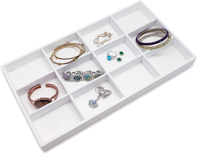 The Display Guys - Stackable Jewelry Tray and Organizer - for Drawers, Dressers, Store Display (12 Compartments, White Leatherette)