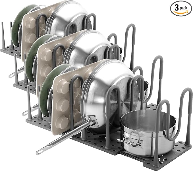 Umbra Peggy Kitchen Drawer Cupboard Organizer Tray - Adjustable Storage System For Food Containers, Cookware, Serveware, Utensils and More, Grey (Pack of 3)