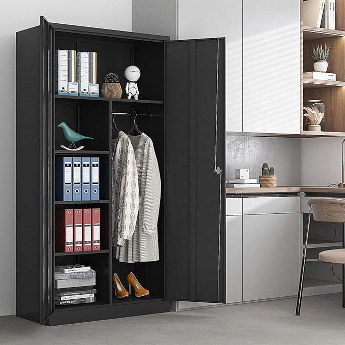 Yizosh Metal Armoire Wardrobe Closet Cabinet for Hanging Clothes with Lock Doors, -72" Steel Lockable Wardrobe Storage Locker Clothes Organizer for Bedroom, Laundry Room (Black)