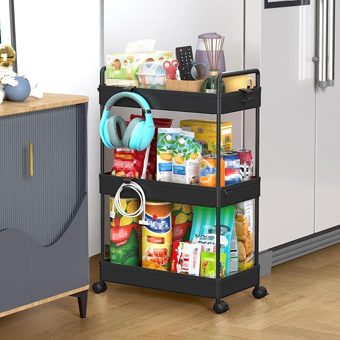SOLEJAZZ 3 Tier Slim Rolling Storage Cart Organizer with Wheels, Black | Utility cart for bathroom, laundry, bedside, dorm&narrow spaces. Fits craft, nail, makeup, snack, art, diaper&baby essentials