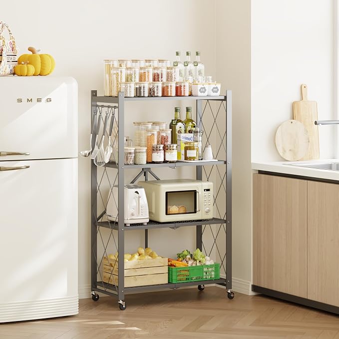 Fenbeli Foldable Shelves with Wheels - 4 Tier Folding Shelf, Collapsible No Assembly Metal Shelving Unit, Origami Storage Shelves & Rolling Storage Rack with 8 Hooks for Kitchen Pantry Garage