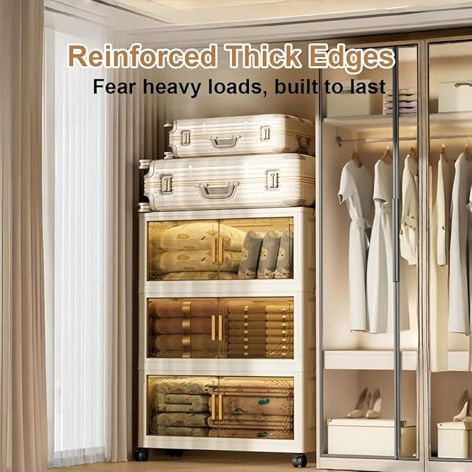 5-Tier Stackable Storage Bins with Wheels & Magnetic Doors, Foldable Collapsible Organizer Cabinet with Lids, 40 QT Arc-Design Clear Storage Boxes for Bedroom, Kitchen, Office, Dorm