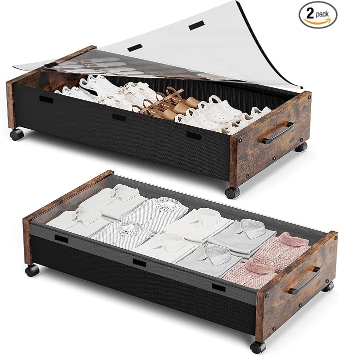 KITHELP Wooden Under Bed Storage with Wheels, Rolling Under the Bed Storage Bins with Removable Lid, Metal Under Bed Drawers for Clothes and Shoes in Bedroom or Living Room(Vintage Brown-2pack)