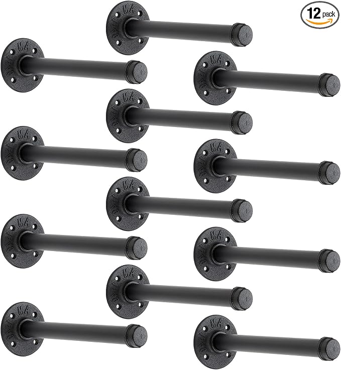 10 Inch Black Industrial Pipe Floating Clothing Rack Wall Mounted, Heavy Duty Garment Rack for Hanging Clothes, Multi-purpose Hanging Rod for Closet Storage, 12 Pack