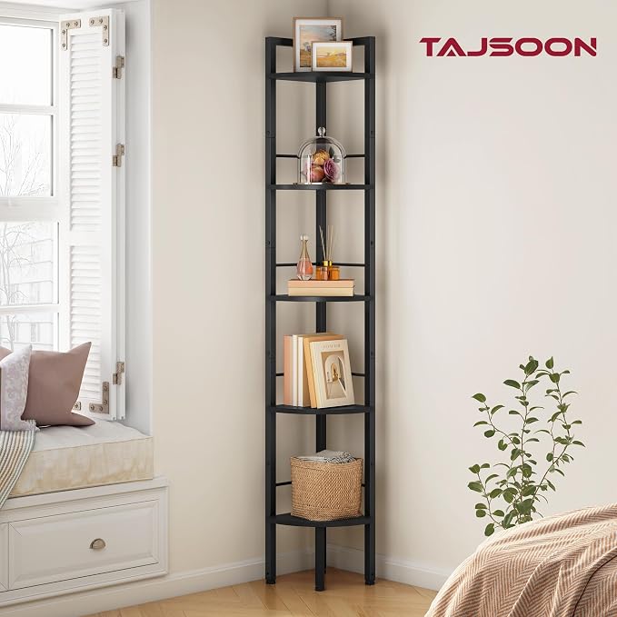 Tajsoon Narrow Corner Shelf Stand 5 Tier 60.5" Industrial Corner Ladder Shelves with Metal Frame, Multipurpose Tall Corner Bookshelf Bedroom, Living Room, Office, Kitchen, Black