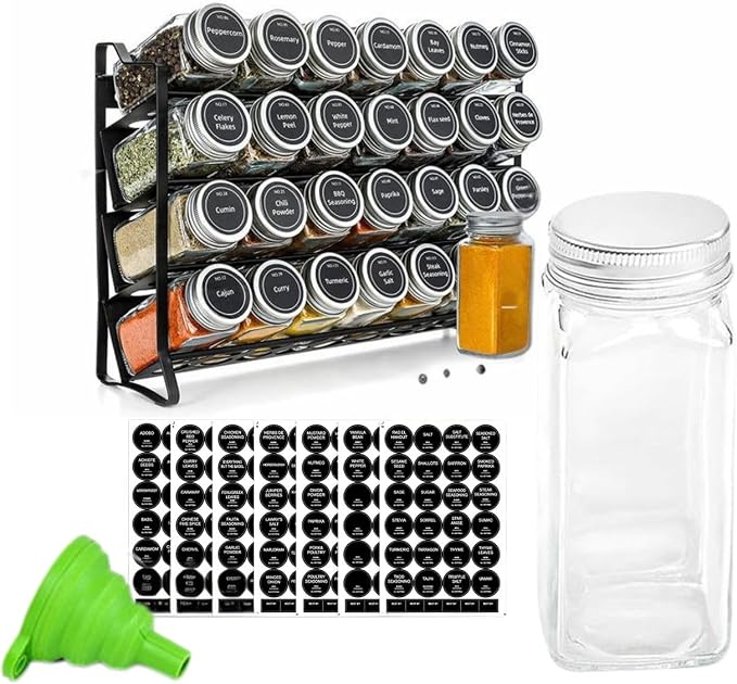 ELITE BAY-Spice Jar Rack Organizer with KEEP – 4-Tier Organizer with 28 Empty Bottles, 180 Waterproof Labels (55 Blanks) & Funnel| Space-Saving Spice Storage for Kitchen Counter or Cabinet.