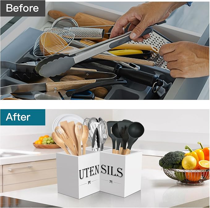 Suli Extra Large Utensil Holder Countertop for Kitchen Counter,Wood,White | Hold 40 Utensils,4 Removable Divider,Rutic Silverware Organizer Caddy,Spacesaving,Farmhouse Cooking Crock for Spatula,Spoon
