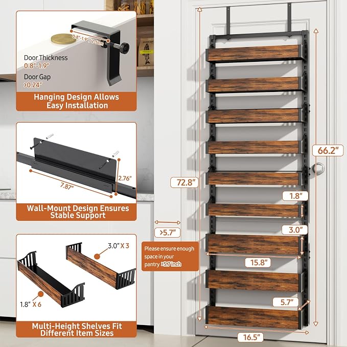 Over the Door Pantry Organizer: Pantry Organization and Storage with Hanging Basket - 9-Tier Metal Spice Rack Adjustable Shelves for Kitchen Bedroom Bathroom & Laundry Room Black