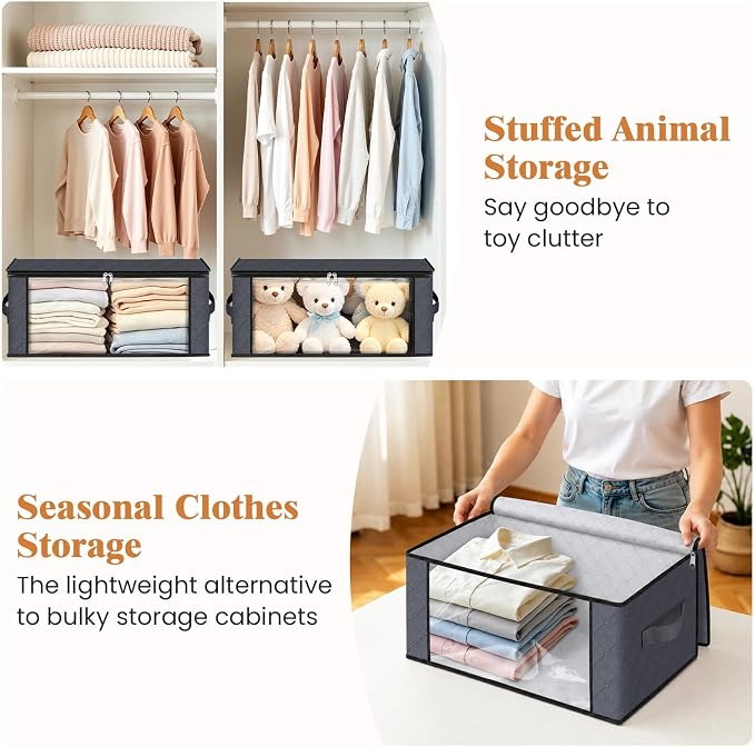 Fab totes 35L Closet Organizers and Storage, Foldable Under Bed Storage Containers, Storage bags for Organizing Bedroom, Closet, Clothing,Organization with Handle (6 Pack,Grey)