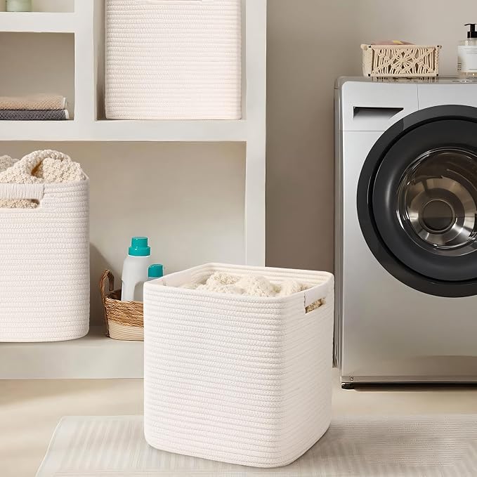 11 Inch Storage Cubes, 3 Pack Cube Storage Bins for Organizing, Cotton Rope Woven Baskets for Shelves, Bathroom, Kids Room, Closets, Baby Nursery