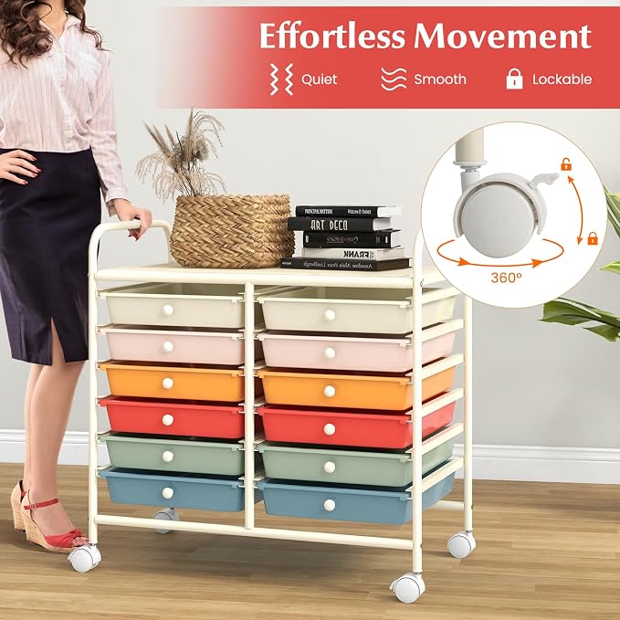 LDAILY 12 Drawer Rolling Storage Cart, Craft Cart Organizer on Wheels w/Metal Frame, Large Capacity & Smooth Drawer, Rolling Cart w/Drawers for Classroom, Office