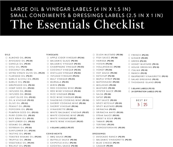 SAVVY & SORTED Oil Vinegar and Condiment Labels, 128 Preprinted Pantry Stickers for Oil Dispenser Bottles, Salad Dresssing Jars, Waterproof Removable Organizing Kitchen Bottle