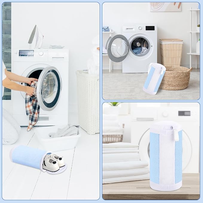 Dntorx 2 PCS Shoe Washing Machine Bags for Washer and Dryer, Blue + White | Reusable Laundry Shoe Bag, Hands Free, Hidden Self-locking Zipper, 360° Deep Cleaning, For Sneakers and All Shoes Types