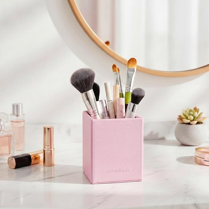 UnionBasic Square Pen Holder, Leather Pencil Cup, Desktop Caddy Stationery Organizer, Taiga Pattern Leather, Pink