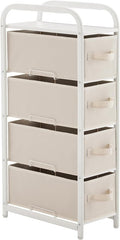 MAX Houser 4 Drawer Narrow Dresser Fabric Storage Tower Vertical Slim Storage Chest Organizer Nightstand Side/End Table Small Standing Organizer Removable Drawers Wood Top for Bedroom, Bathroom(Beige)