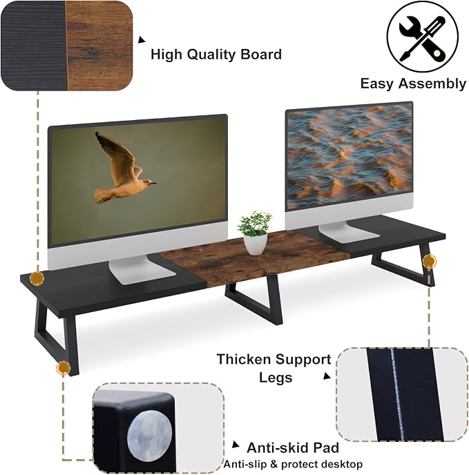 TEAMIX 42 inch Large Dual Monitor Riser, Desk Organizer Stand for TV Laptop | Extra Long Computer Stand Shelf, Wood & Steel TV Riser, Holds 300lbs, Keyboard & PS5 Storage Below, For Home Office & Gaming